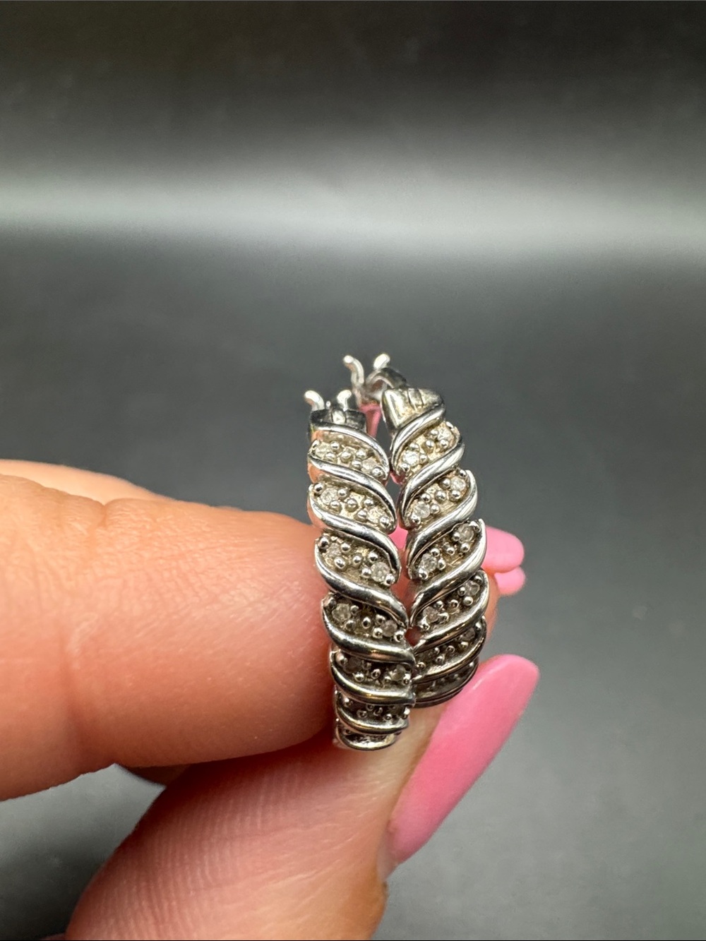 Sterling Silver Marked SUN Diamond Hoop Earrings - Silver
